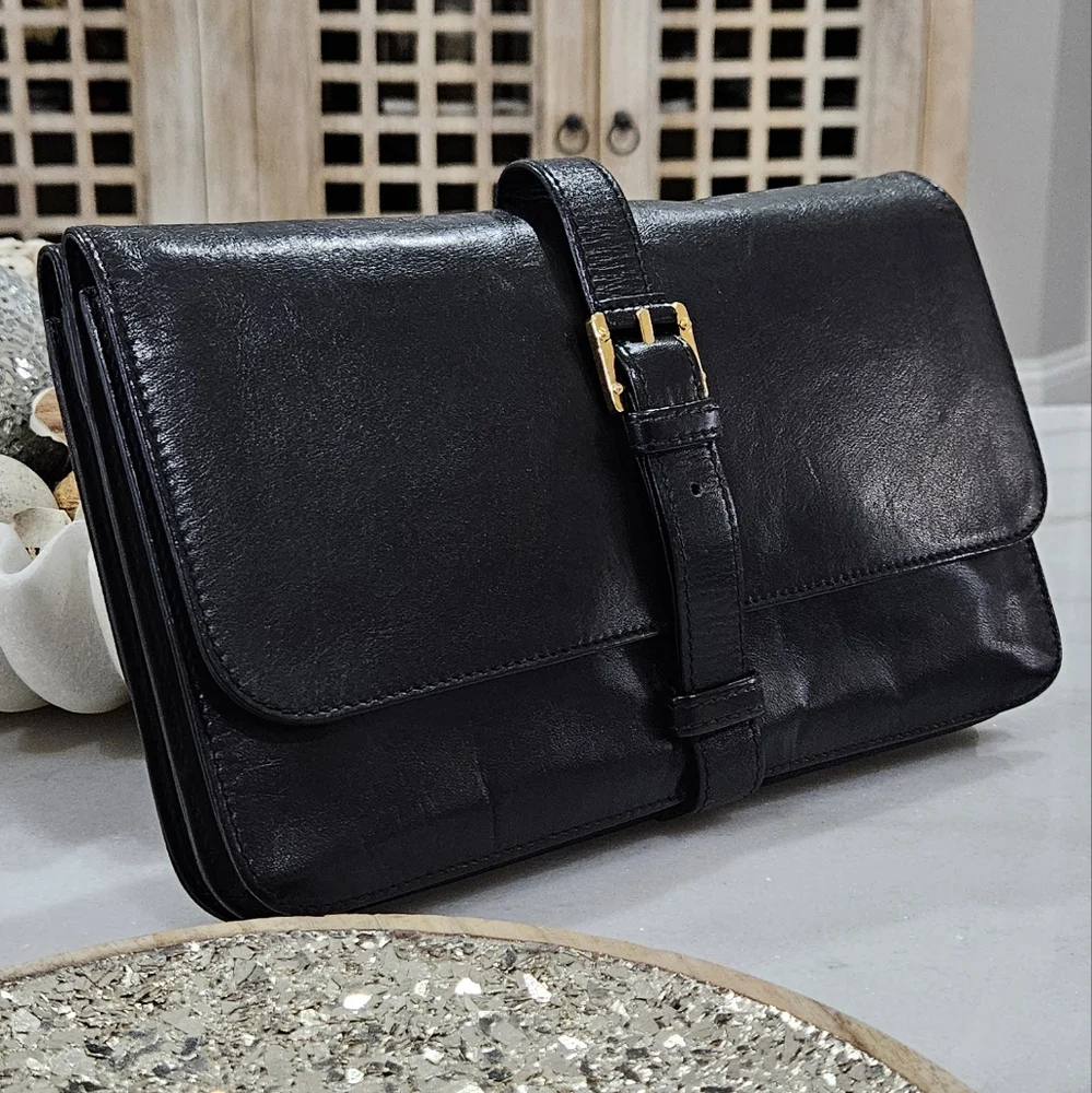 Loewe Anagram Logo Vintage Black Leather Belted Clutch In Excellent Condition